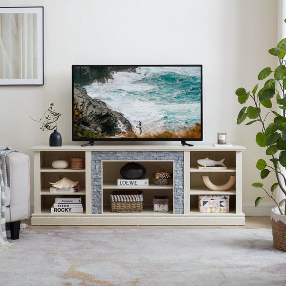 [Luckynote]Large TV Desk Storage Rack with Faux Stacked Stone Surround,Media Console Table with Large Storage Cabinet,Modern TV Media Entertaionment Stand,WHITE, 70.12"W*15.35"D*25.83"H
