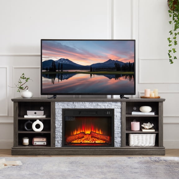 [Luckynote]Large TV Desk Storage Rack with Faux Stacked Stone Surround,Media Console Table with Large Storage Cabinet,Modern TV Stand with 23" Fireplace Insert,GREY, 70.12"W*15.35"D*25.83"H