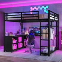 [Luckynote]Metal Loft Bed with Wardrobe and L-shaped Desk, Queen Size Loft Bed with Storage Cubes and Shelves, Loft Bed, Black