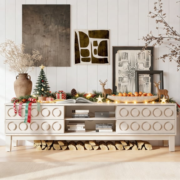 Luckynote Mid-Century Media Console, Modern TV Stand with 4 Drawers, Cable Management, Solid Wood Legs for 75" TVs, Entertainment Center for Living Room Office, White