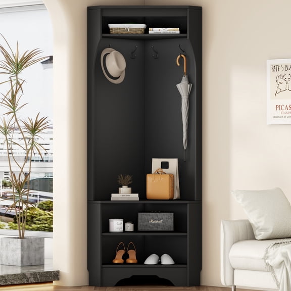 Luckynote Minimalist Corner Hall Tree with Shoe Bench, Versatile Entryway Coat Rack with 4 Hooks, Corner Cabinet with Adjustable Shelf for Hallway, Living Room, Black, 29.5''W*71.6''H