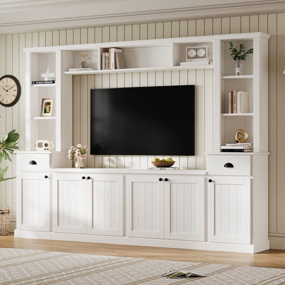 Luckynote Minimalist Entertainment Wall Unit Set with Bridge for TVs Up to 75'', Ample Storage Space TV Stand with Adjustable Shelves, Modernist Large Media Console for Living Room, White