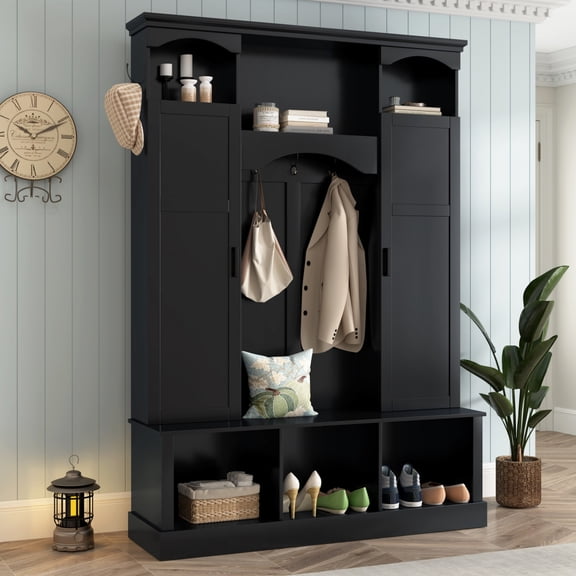 Luckynote Modern All-in-One Hall Tree with Adjustable Shelves, Classic Arched Farmhouse Storage Bench with Dual Side Cabinets, Elegant Entryway Organizer with 7 Hooks for Mudroom, Hallway, Black