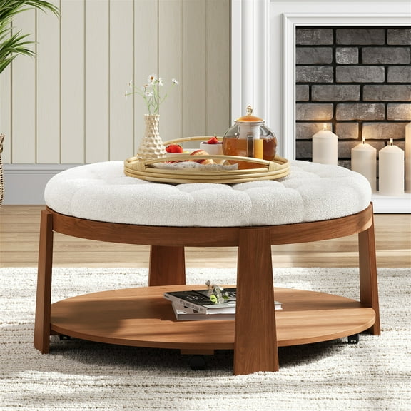 [Luckynote]Modern Large Round Ottoman Coffee Table 2-Tier Oversized Button Tufted Ottoman with Wood Shelf Storage Upholstered Coffee Table for Living Room Footrest Ottoman with wheel, waterproof Line