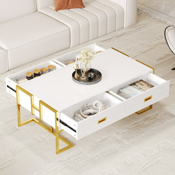[Luckynote]Modern White Rectangular Coffee Table with 4 Drawers and Gold Base in 47.3"