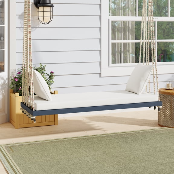 Luckynote Patio Minimalist Twin Size Garden Swing Bed Wood Porch Swing with Ropes for Backyard, Safe Sloped Design, Teak