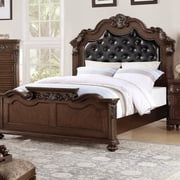 Luckynote Queen Size Bed Frame, Traditional Antique Cherry Wood Frame with Tufted Faux Leather Headboard, for Master Bedroom, Cherry Finish