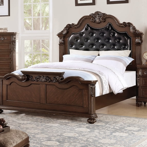 Luckynote Queen Size Bed Frame, Traditional Antique Cherry Wood Frame with Tufted Faux Leather Headboard, for Master Bedroom, Cherry Finish