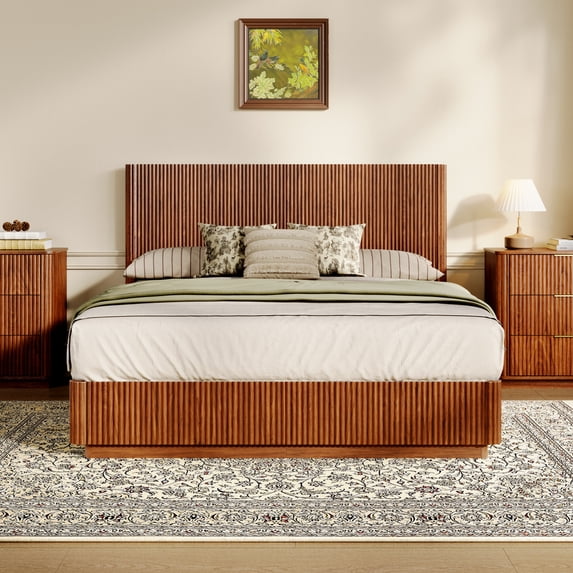 Luckynote Queen Size Bed Frame with LED Lights, Modern Wooden Corrugated Curved Lines, Convex Groove Board Design, Walnut.