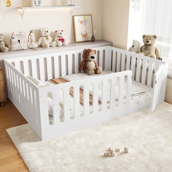 Luckynote Queen Size Floor Bed with High Fence, Solid Wood Montessori Bed with Door, low-profile and No Box Spring Needed Design, White.(Patent Protection)