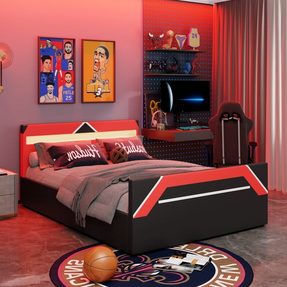 Luckynote Queen Size Gaming Bed with Built-in 7-Color LED Lighting Headboard, Side-Lift Hydraulic Storage Platform Bed, Cyberpunk Style, Black+Red