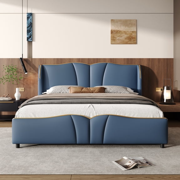 [Luckynote]Queen Size Leather Upholstered Bed Frame, Modern Bed Frame with Wingback Head board, Upholstered Platform Bed with Wavy Footboard, No Spring Box Needed, Antique Blue
