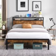 [Luckynote]Queen Size Metal Platform Bed Frame with Wooden Headboard and Footboard with USB LINER, No Box Spring Needed, Large Under Bed Storage, Easy Assemble