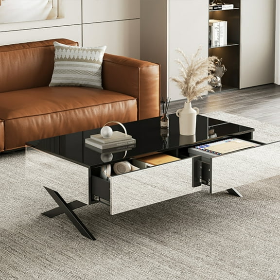 [Luckynote] Rectangular Mirror Coffee Table for Living Room with Storage and Metal Base, 2 drawers, Black High Gloss Top, 47.3"