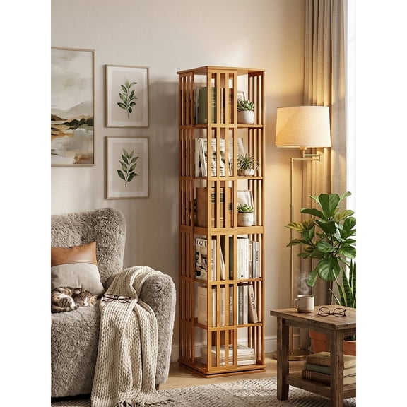 Luckynote Rotating Bookshelf Tower, 360 °   Display Spinning Bookcase, 6 Tier Bamboo Bookshelf Floor Standing Storage Rack, Wood Narrow Book Shelf Organizer for Kids Adults (BROWN)