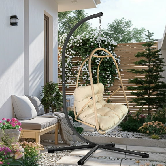 [Luckynote]Swing Egg Chair with Stand Indoor Outdoor Wicker Rattan Patio Basket Hanging Chair with C Type bracket , with cushion and pillow,Patio Wicker folding Hanging Chair