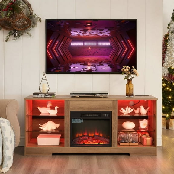 [Luckynote]TV Stand Electric Fireplace TV Stand with Glass Shelves, 3D Fireplace TV Stand with LED Lights Wood with USB Charging Outlet Modern Television Table Center for TV up to 32-62" Black