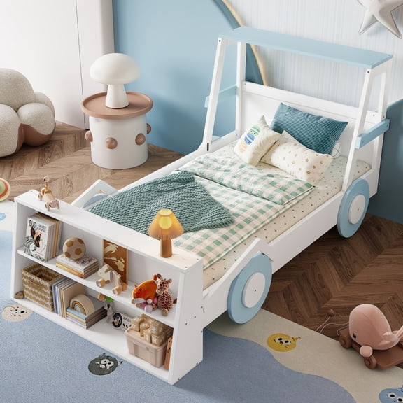 Luckynote Twin Car Bed, Platform Design with Storage Shelves, Themed Race Car Shape for Bedrooms, Blue & White