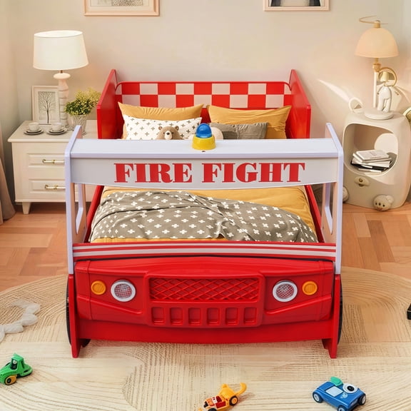 Luckynote Twin Fire Truck Bed, MDF Low Profile Platform, Themed Design with Storage, No Box Spring Needed for Themed Bedrooms, Red and White