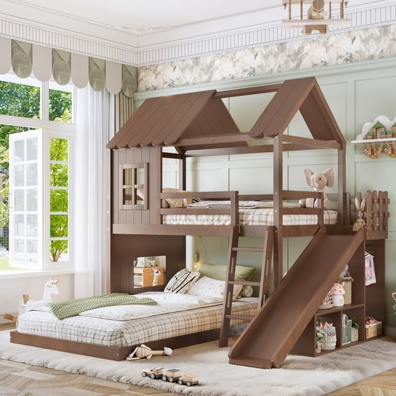 Luckynote Twin over Full House Bunk Bed with Ladders and Slides, House Floor Bunk Bed with Storage Shelves and Wardrobe, Playhouse Design,Deep Natural