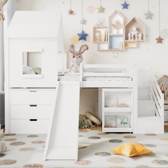Luckynote Twin Loft Bed, House Design with Slide, Stairs, Storage Cabinets, Removable Desk, Multi-Functional for Small Spaces, White