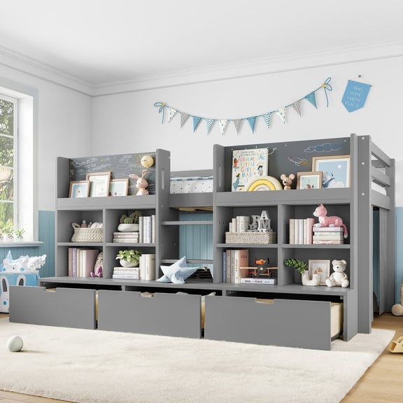 Luckynote Twin Loft Bed, Low Platform Bed with Multi Storage Shelves and Curtain, Loft Bed with Chalkboard, No Box Spring Needed, for Compact Spaces, Gray