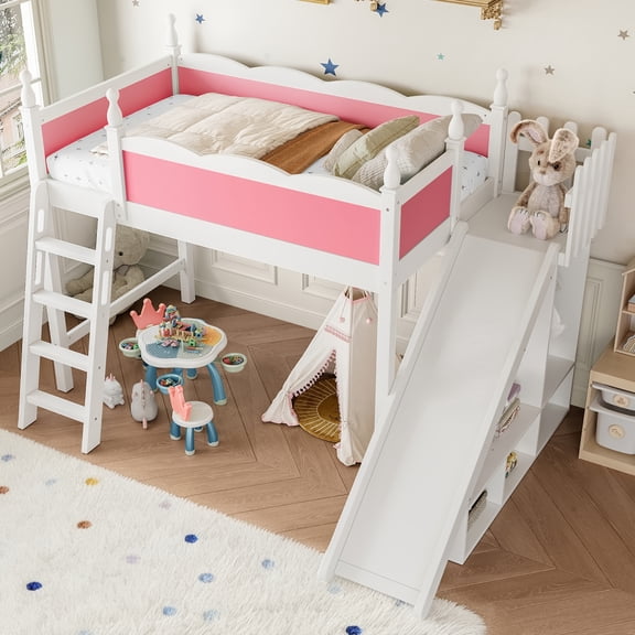 Luckynote Twin Loft Bed with Storage Shelves and Wardrobe, Solid Wood Loft Beds with Detachable Slide and Ladders, No Spring Box Needed, Pink and White (Patent Protection)