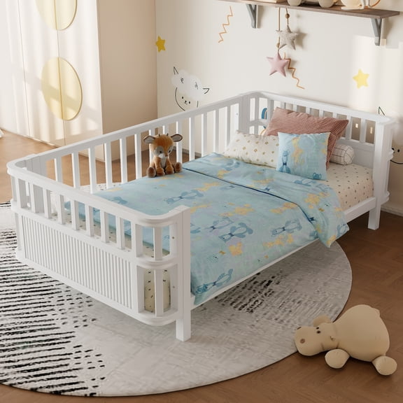 [Luckynote] Twin Low Platform Bed, White, Iron and Plywood Construction, Removable Three-Sided Railings, Easy Assembly, Single Package