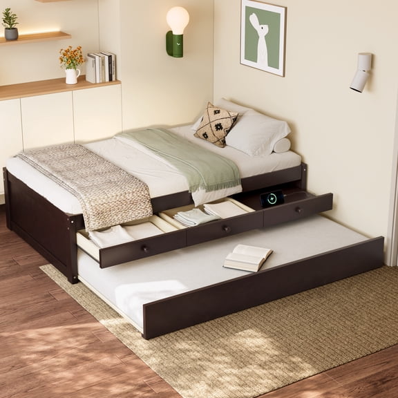 Luckynote Twin Platform Bed, with Trundle and 2 Drawers, Solid Wood Modern Bed with Power Strip, Space Saving Storage Bed, Espresso
