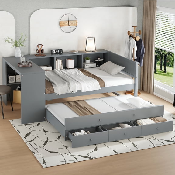 [Luckynote]Twin Size Daybed with Trundle, Wood Day Bed Frame with Storage Drawers and Side Shelves, Daybed with Desk, No Spring Box Needed, Gray