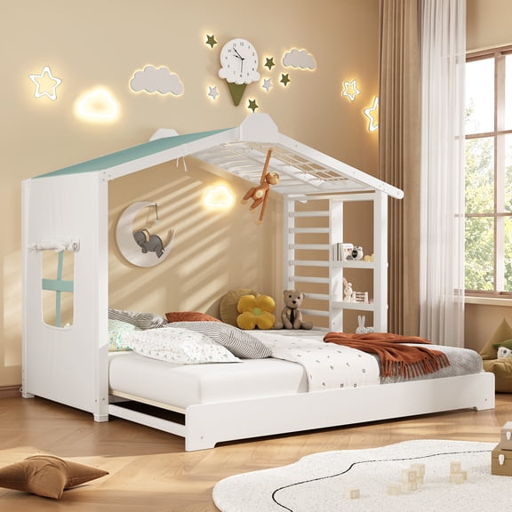 Luckynote Twin Size House Bed with Twin Size Trundle and Side Shelves, White