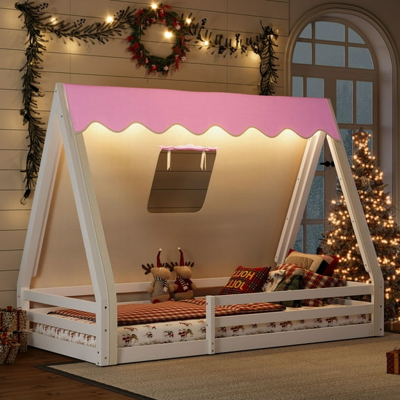 [Luckynote]Twin Size House Floor Bed with Tent and Light, Solid Wood Teepee Floor Bed with Full-length Guardrails, Montessori and Childlike Design, White+Pink