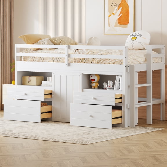 [Luckynote]Twin Size Loft Bed with 4 Drawers, Underneath Cabinet and Shelves, White