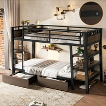 [Luckynote]Twin Size Metal Bunk Bed with Storage Shelves , LED light strip, and USB power strip, black
