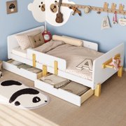 [Luckynote]Twin Size Platform Bed with Storage Drawers, Solid Wood Beds Frame with Bed Guardrail, Small Shelf, and Hooks, No Box Spring Needed, White