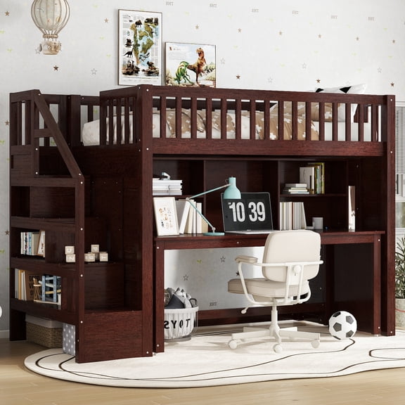 [Luckynote]Twin Size loft bed with movable desk and storage shelf, featuring storage stairs,Espresso