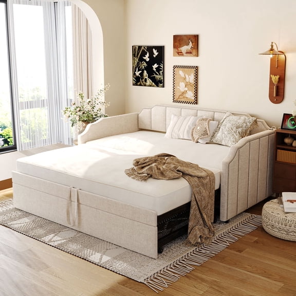 Luckynote Twin Upholstered Daybed with Pop-Up Trundle, USB Charging Ports, for Guest Room Living Space, Beige