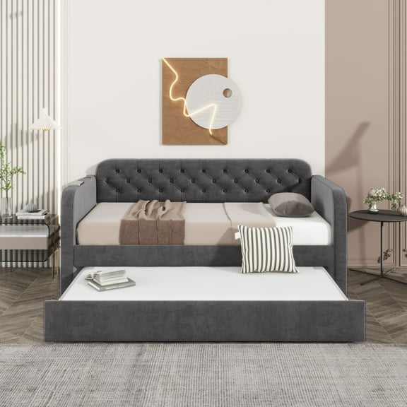 [Luckynote]Twin Upholstered Daybed with Trundle, Dark Grey Velvet, USB Charging, No Box Spring Needed, for Living Room