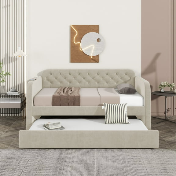 [Luckynote]Twin Upholstered Daybed with Trundle, Light Beige Velvet, USB Charging, No Box Spring Needed, for Living Room