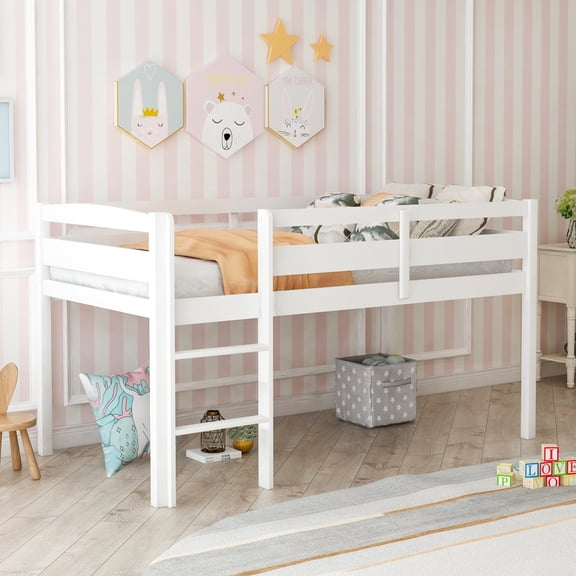 Luckynote Twin Wood Loft Bed Low Loft Beds with Ladder,Twin,White