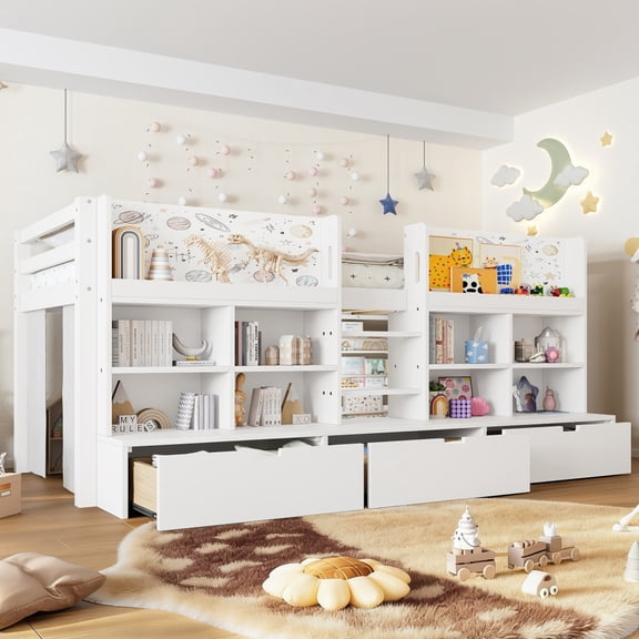 Luckynote Twin XL Loft Bed, Low Platform Bed with Multi Storage Shelves and Curtain, Extra Long Loft Bed with Chalkboard, No Box Spring Needed, for Compact Spaces, White