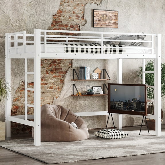 Luckynote Twin XL Metal Loft Bed with Ladder, Guardrails, Space-Saving Frame No Box Spring Needed for Bedroom, White