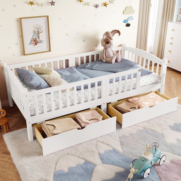 Luckynote Twin XL Platform Bed with Full-Length Guardrails, Storage Drawers, No Box Spring Needed for Bedroom, White