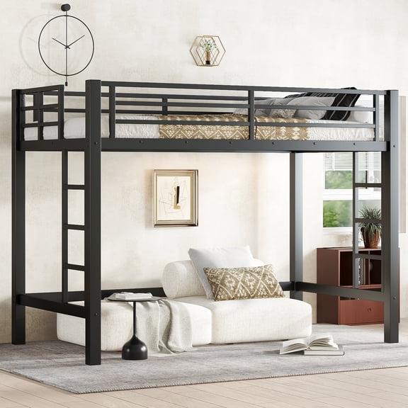 Luckynote Twin XL Size Metal Loft Bed, Loft Bed with Easy Climbing Ladder and Guardrails , Black
