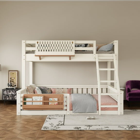 [Luckynote]Twin XL over Queen Bunk Bed with Ladder and Guardrails, Pegboard and bookshelf, Beige