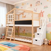 Luckynote Twin over Twin Bunk Bed House Bed With Roof Windows Blackboard And Storage Ladder Platform Bed,bed Frame