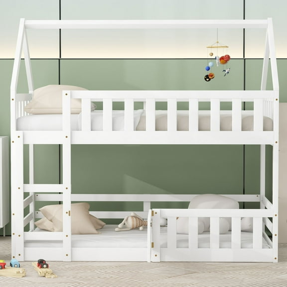 [Luckynote]Twin over Twin House Bunk Bed with Fence and Door, White