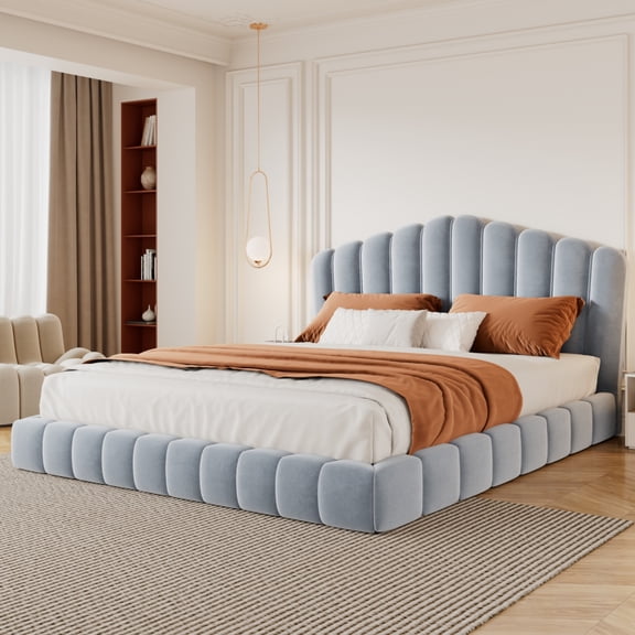 Luckynote Velvet Upholstered Queen Bed Floor Bed Frame Shell-Shaped Headboard for Bedroom,No Box Spring Needed,Light Blue