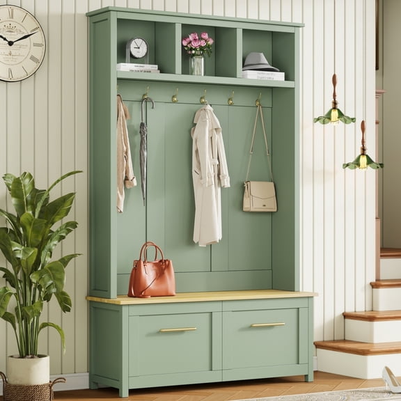 Luckynote Versatile 4-in-1 Hall Tree with 6 Golden Hooks, Wood Grain Bench with Multiple Storage Space, Entryway Coat Rack with 2 Drawers for Living Room, Hallway, Mint Green, 76.6''H