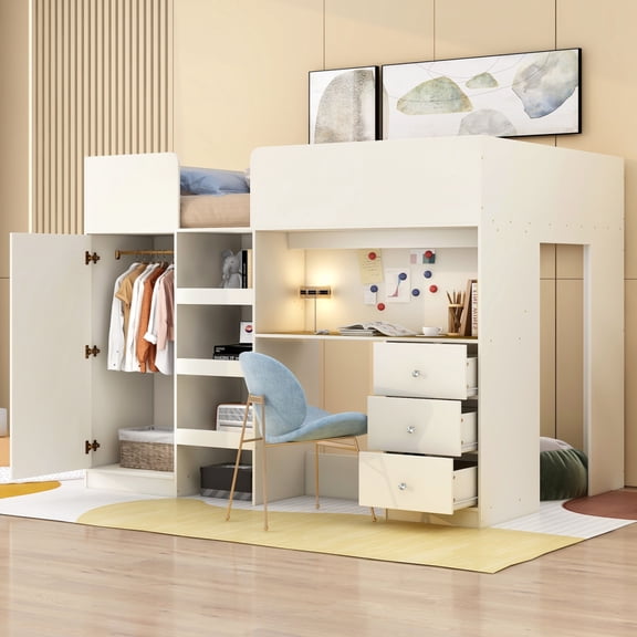 Luckynote Wood Full Size Loft Bed with Built-in Wardrobe, Desk, Storage Shelves and Drawers, Beige